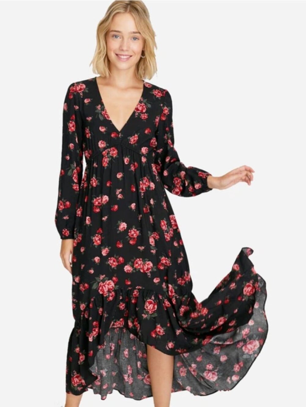 Stradivarius Black High-Low Feminine Floral Rose Romantic Bohemian Maxi Dress L